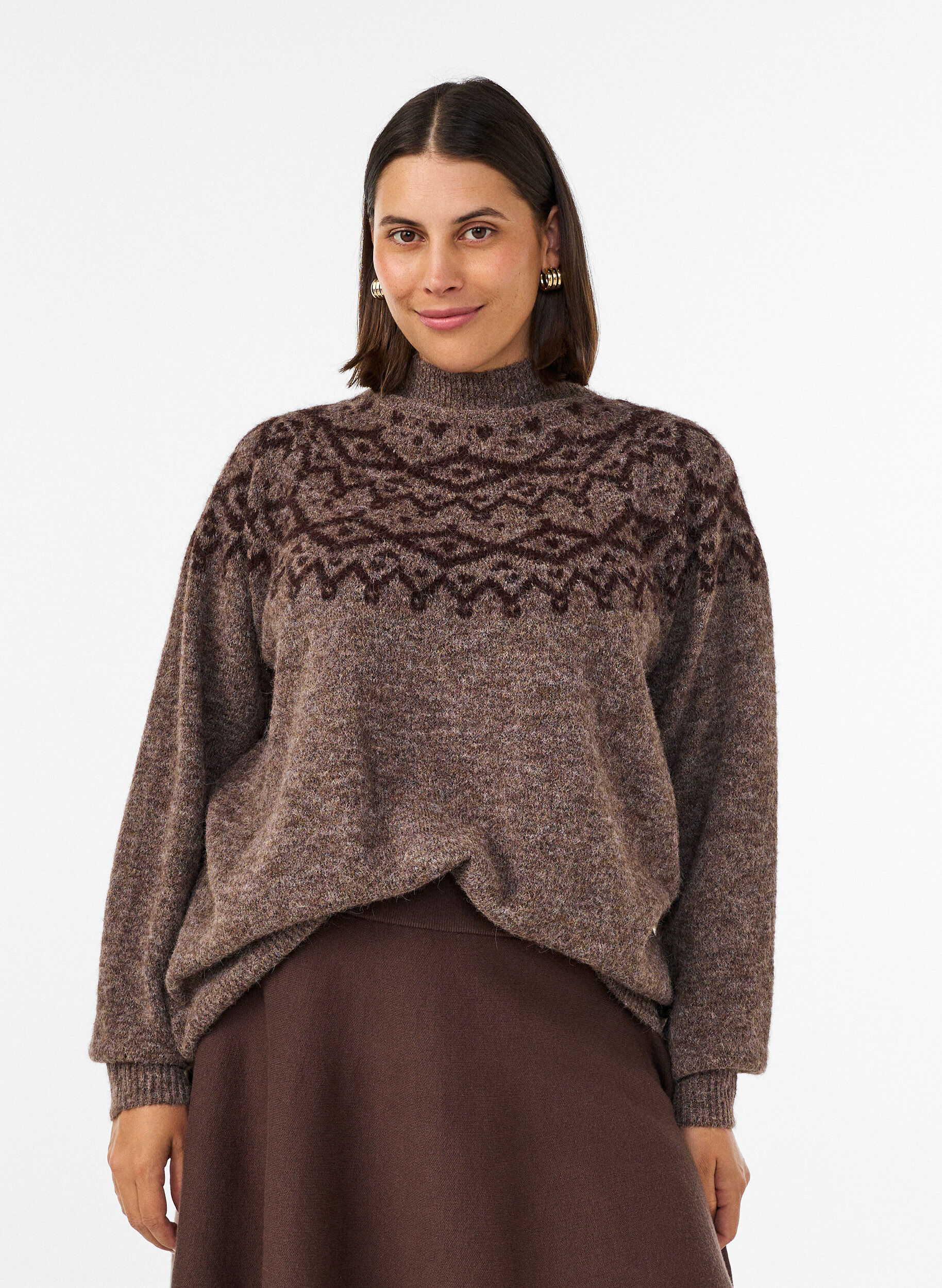 Pullover mit nordischem Muster, Braun, Model