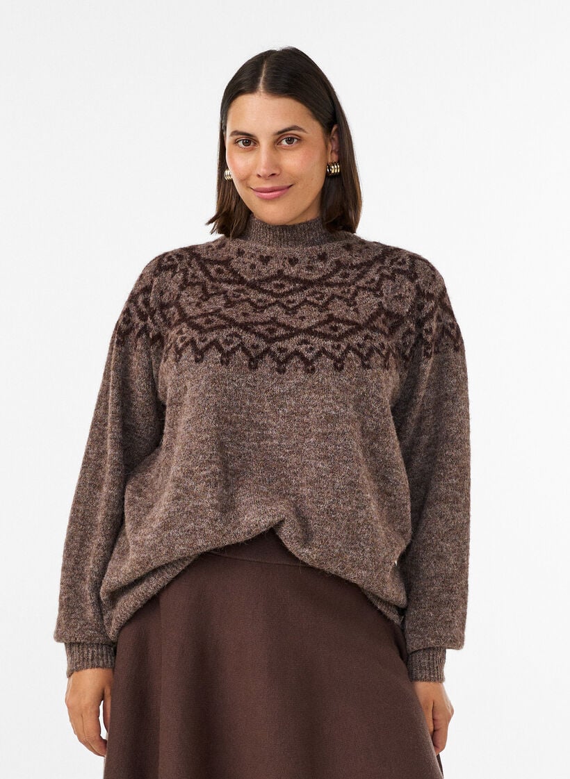 Pullover mit nordischem Muster, Braun, Model image number 0