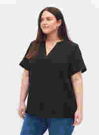 Kurzärmelige Bluse mit V-Ausschnitt, Black, Model