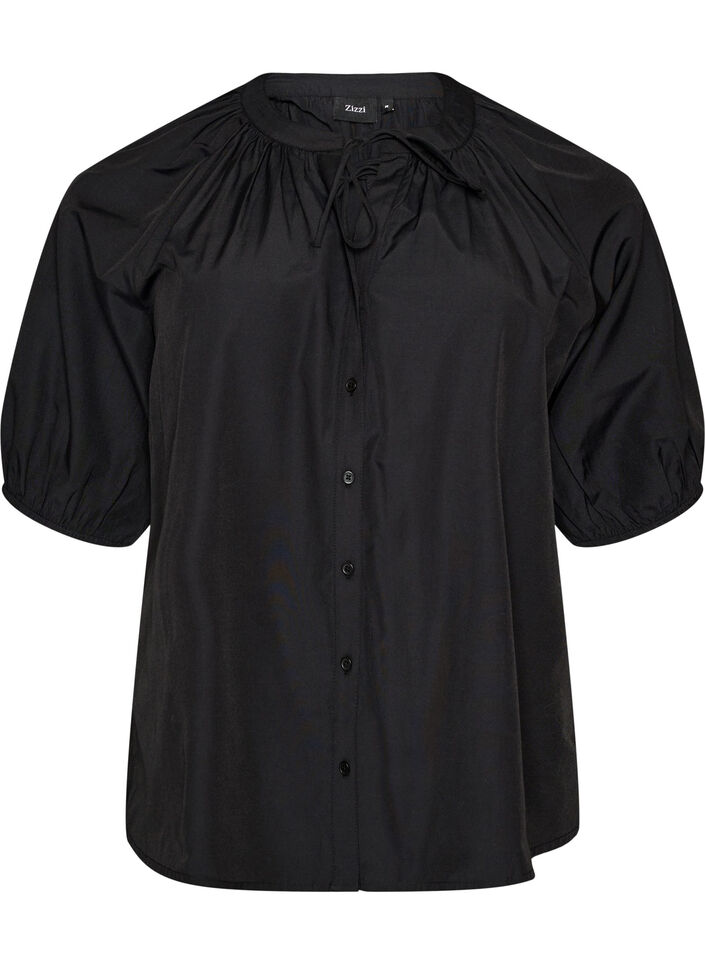 Hemdbluse mit Knopfleiste und Bindeg&uuml;rtel, Schwarz, Packshot image number 0