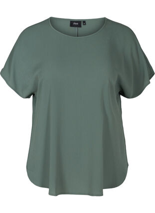 Bluse mit kurzen Ärmeln und Rundhalsausschnitt, Balsam Green, Packshot image number 0