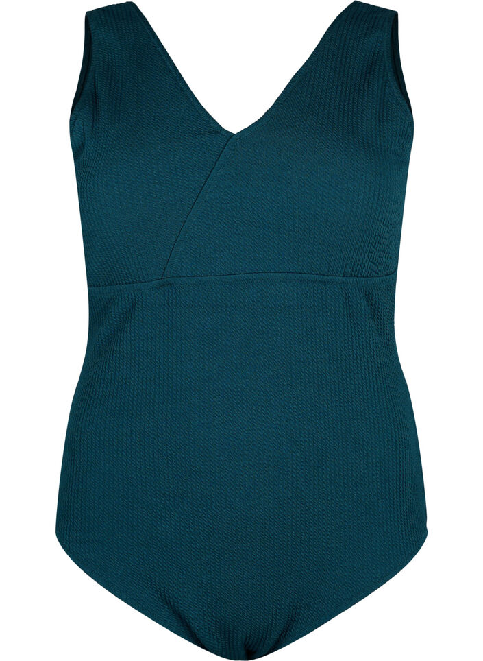 Badeanzug mit Krepp-Textur und Wickeleffekt, Dark Sea, Packshot image number 0
