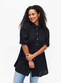 Kurzärmliges T-Shirt mit Knöpfen, Black, Model