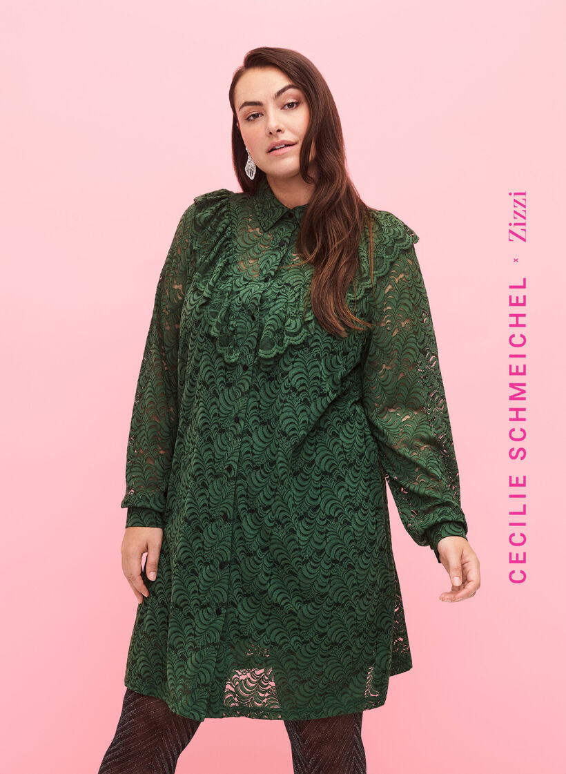 Hemdblusenkleid aus Spitze mit Rüschen, Hunter Green, Model image number 0