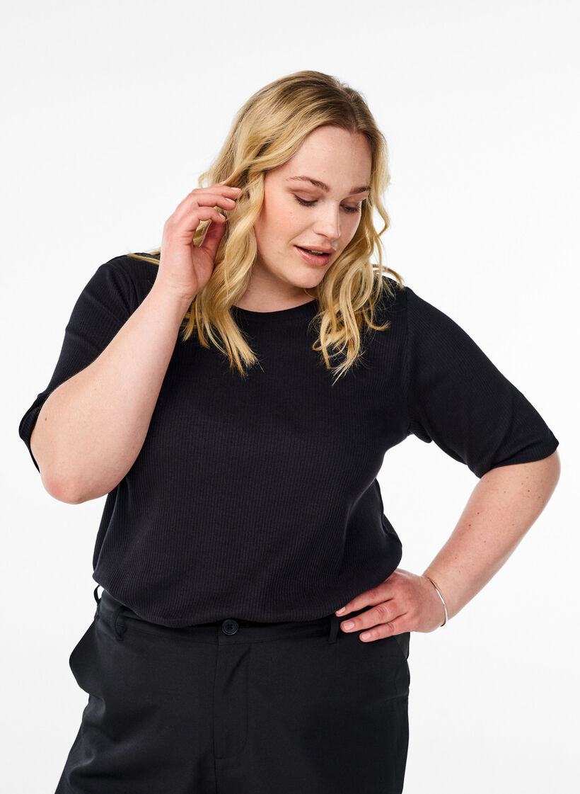 Bluse aus geripptem Jersey mit kurzen Ärmeln, Schwarz, Model image number 0