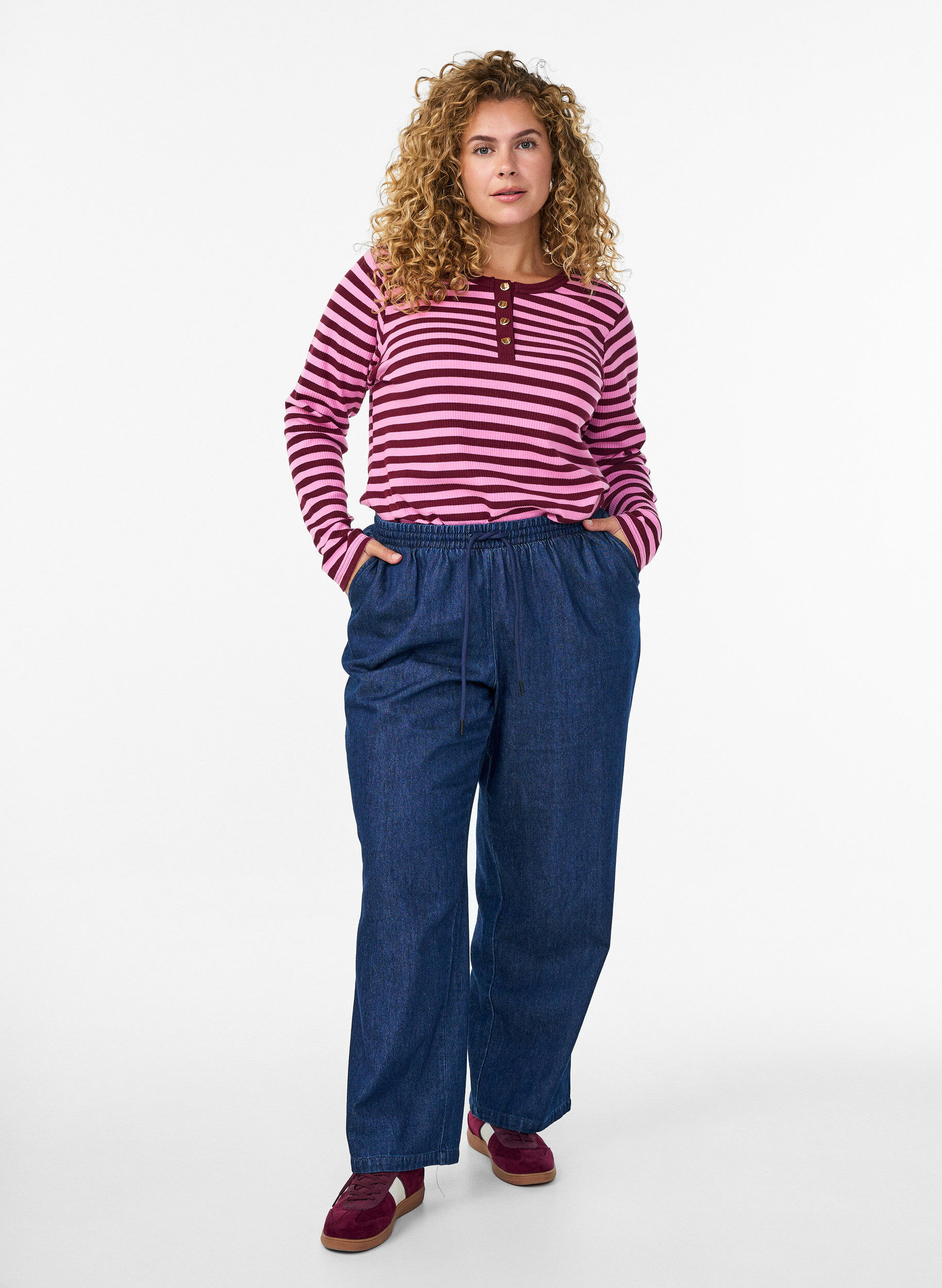 ZizziGestreifte Jerseybluse mit Rippstruktur, Pink, Model image number 1