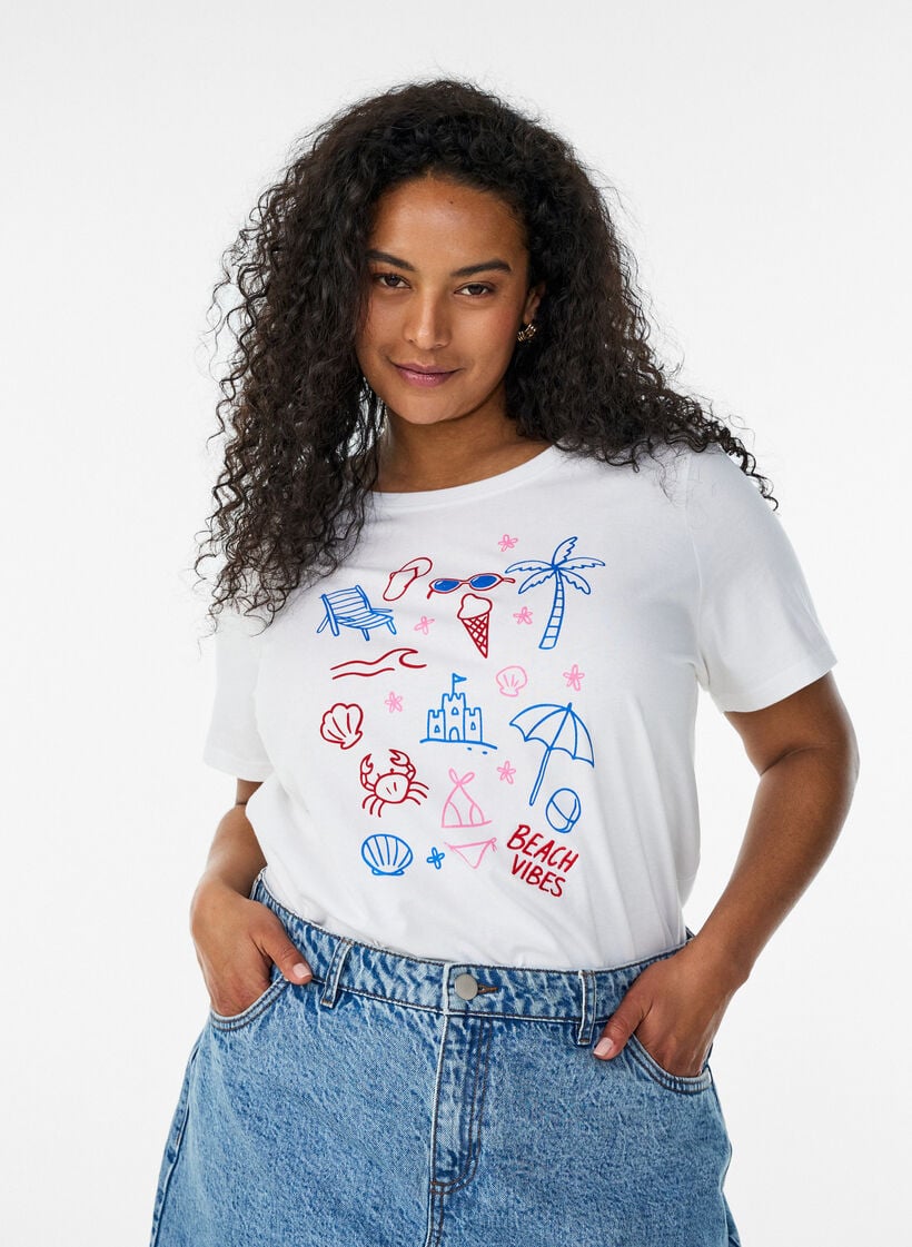 T-Shirt aus Bio-Baumwolle mit Strand-Print, Wei&szlig;, Model image number 0