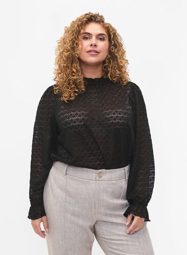 Langärmelige Bluse mit gemusterter Textur, Black, Model image number 0