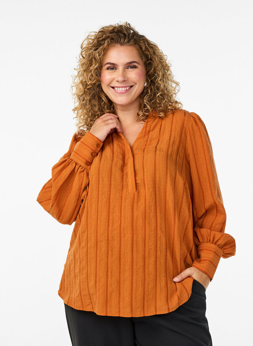 Bluse mit Längsstreifen, Orange, Model image number 0
