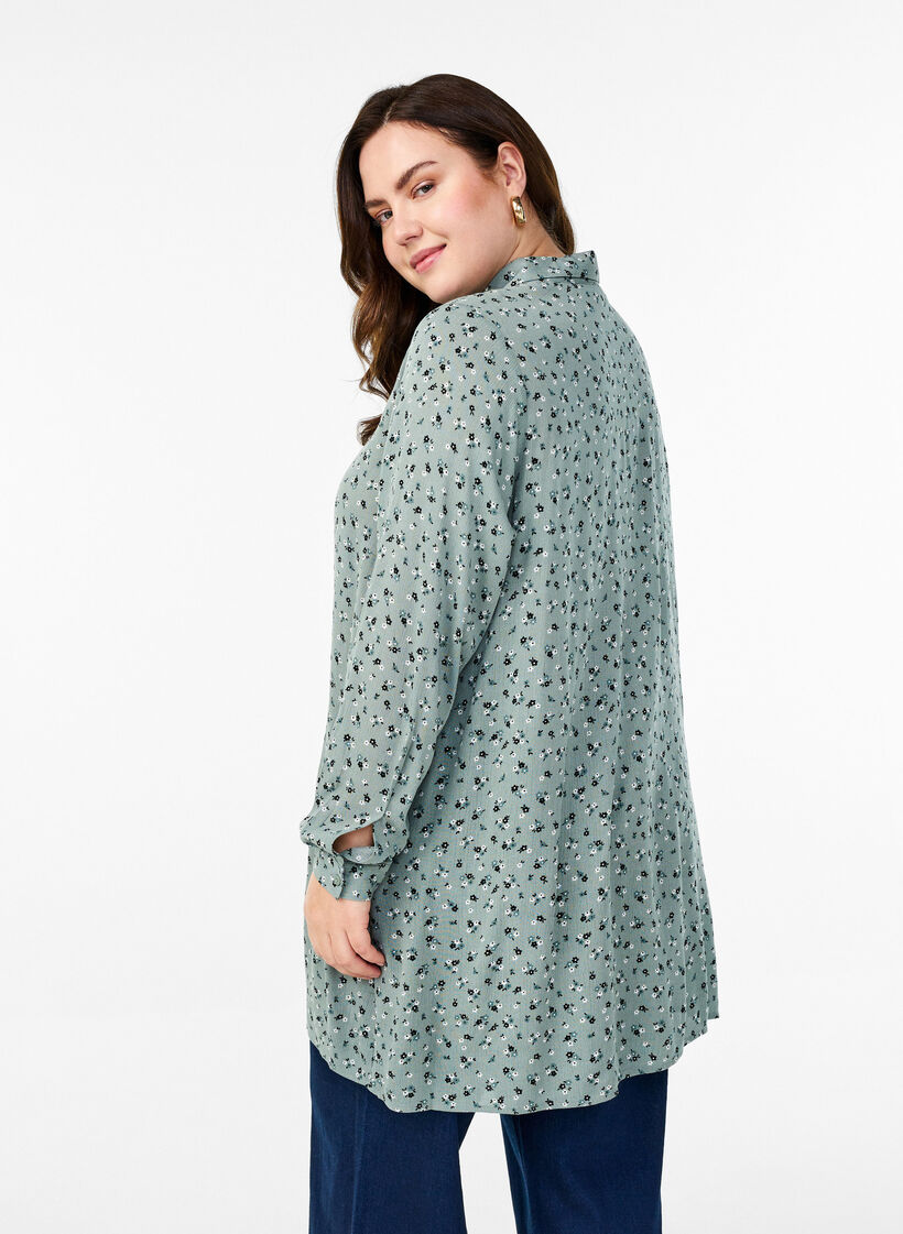 Lange Bluse mit geblümtem Print, Grün, Model image number 2