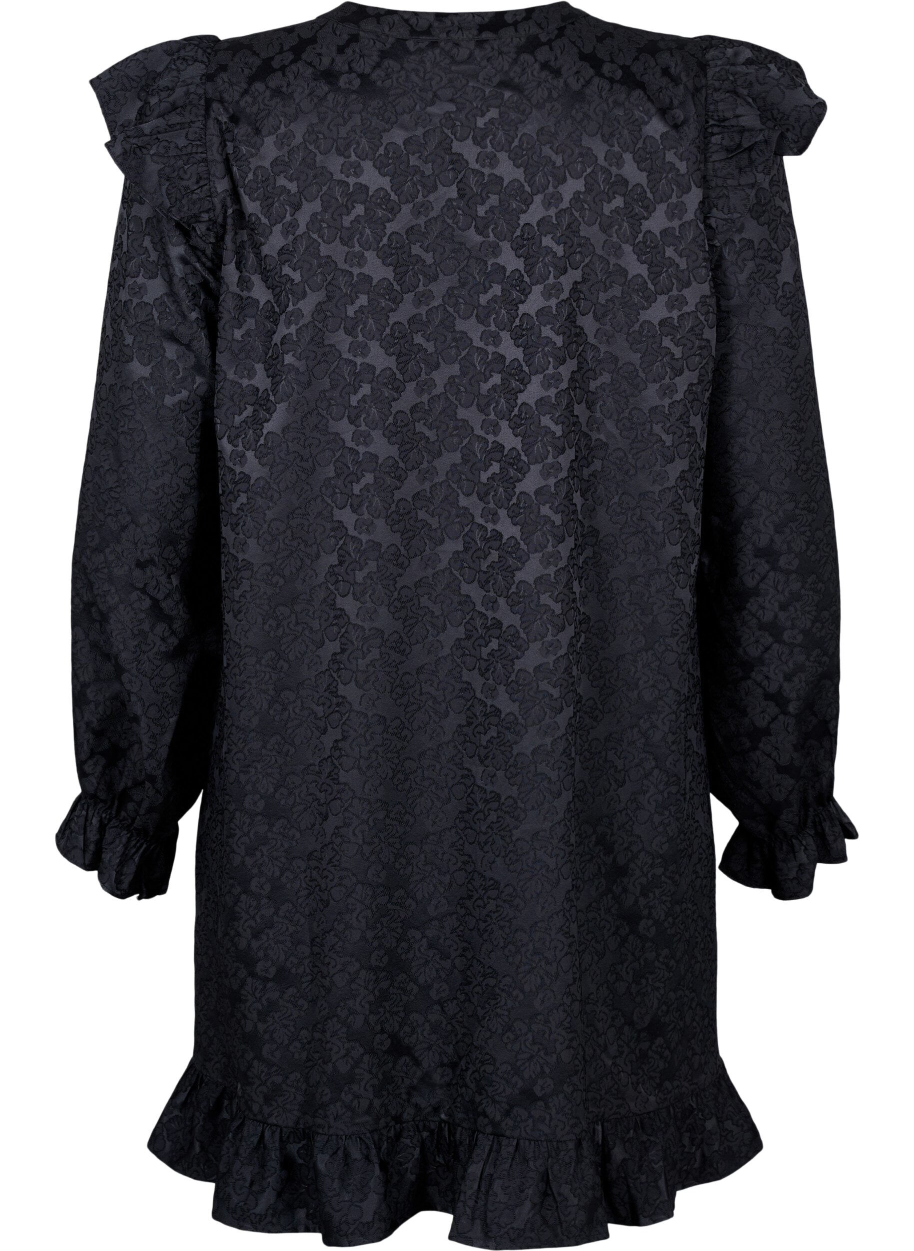 ZizziJacquardkleid mit langen &Auml;rmeln und R&uuml;schen, Schwarz, Packshot image number 1