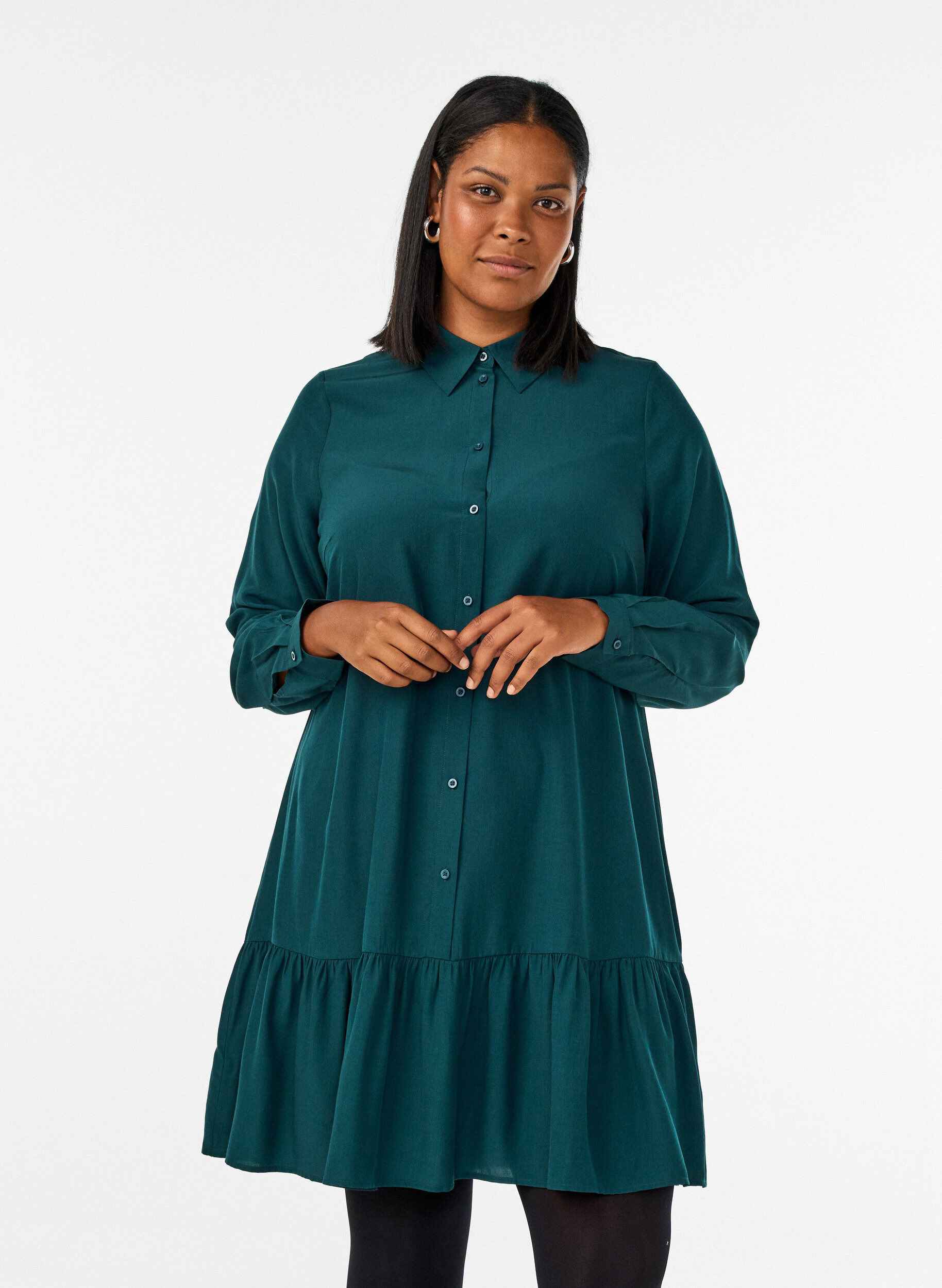 ZizziKurzes Hemdblusenkleid mit R&uuml;schenvolant, Gr&uuml;n, Model image number 0