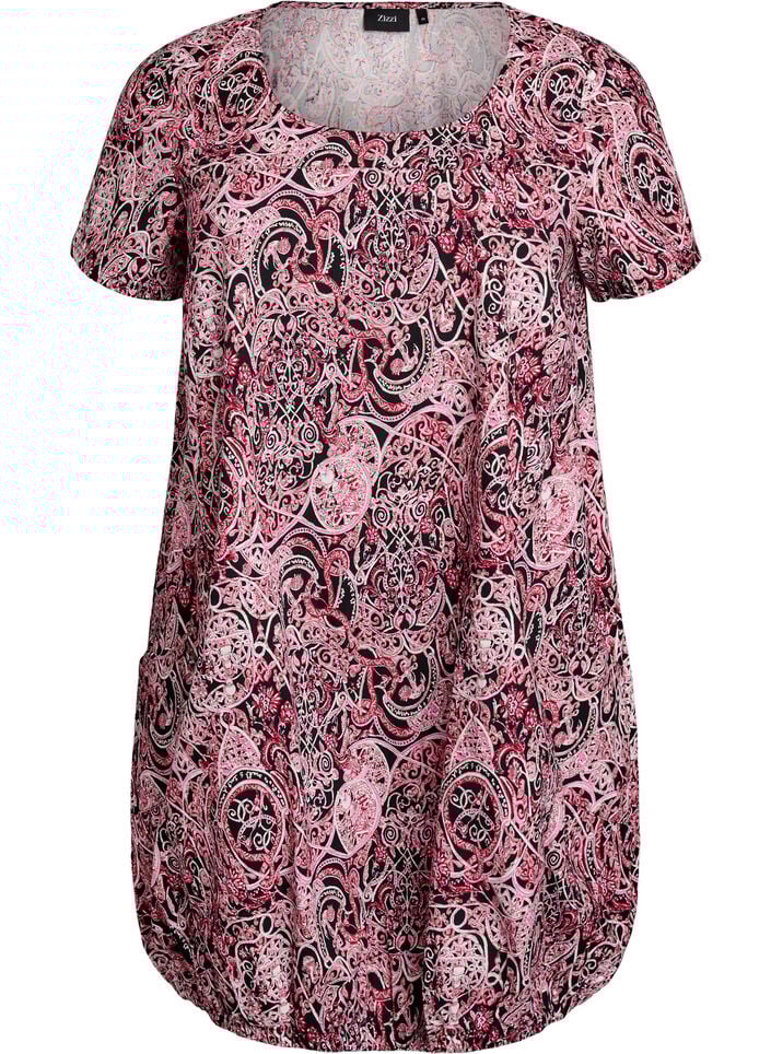 Kurz&auml;rmliges Baumwollkleid mit Aufdruck, Schwarz, Packshot image number 0