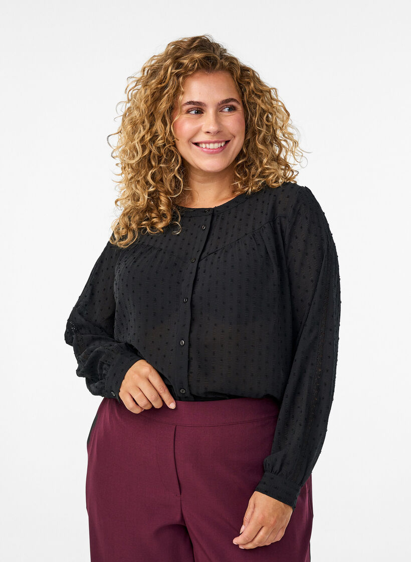 Bluse mit strukturiertem Punktemuster und Stickereidetails, Schwarz, Model image number 0
