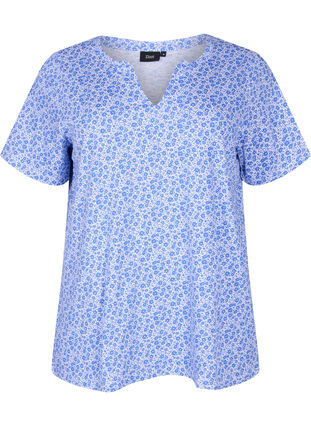 Florales T-Shirt aus Baumwolle mit V-Ausschnitt, Ultramarine AOP, Packshot image number 0