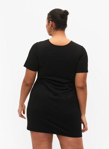 Kurzes Kleid mit V-Ausschnitt und String-Details, Black, Model image number 1