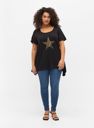 Kurzarm T-Shirt aus Baumwolle mit A-Linie, Black w. Gold Star, Model image number 2