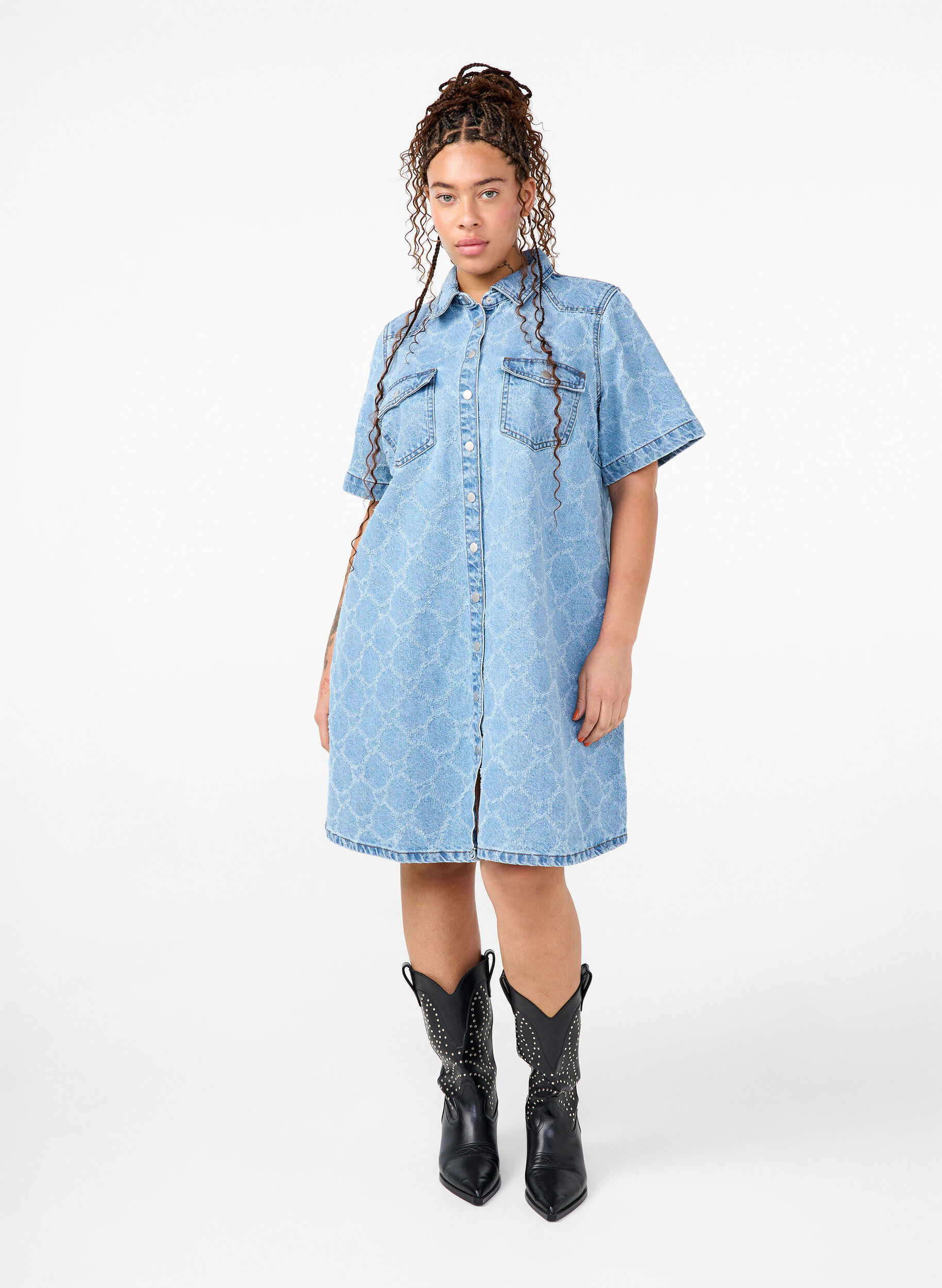 ZizziDenim-Kleid mit Destroyed-Muster und kurzen &Auml;rmeln, Blue Denim, Model image number 2