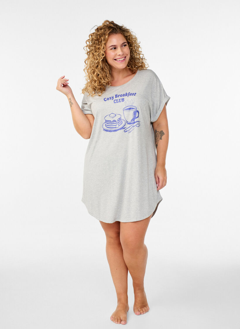 Kurzarm-Nachthemd mit Textaufdruck, Grau, Model image number 1
