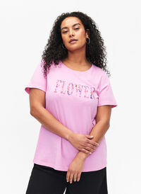 Baumwoll-T-Shirt mit Textaufdruck, Rosebloom w. Flower, Model