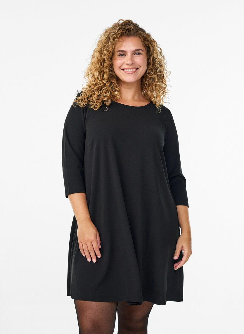 Kurz geschnittenes A-Linien Kleid aus Webstoff mit 3/4 &Auml;rmeln, Schwarz, Model image number 0