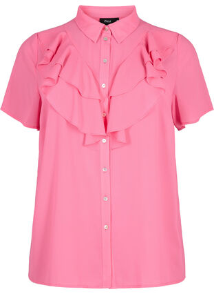 Kurzärmelige Hemdbluse mit Rüschen, Pink Power, Packshot image number 0