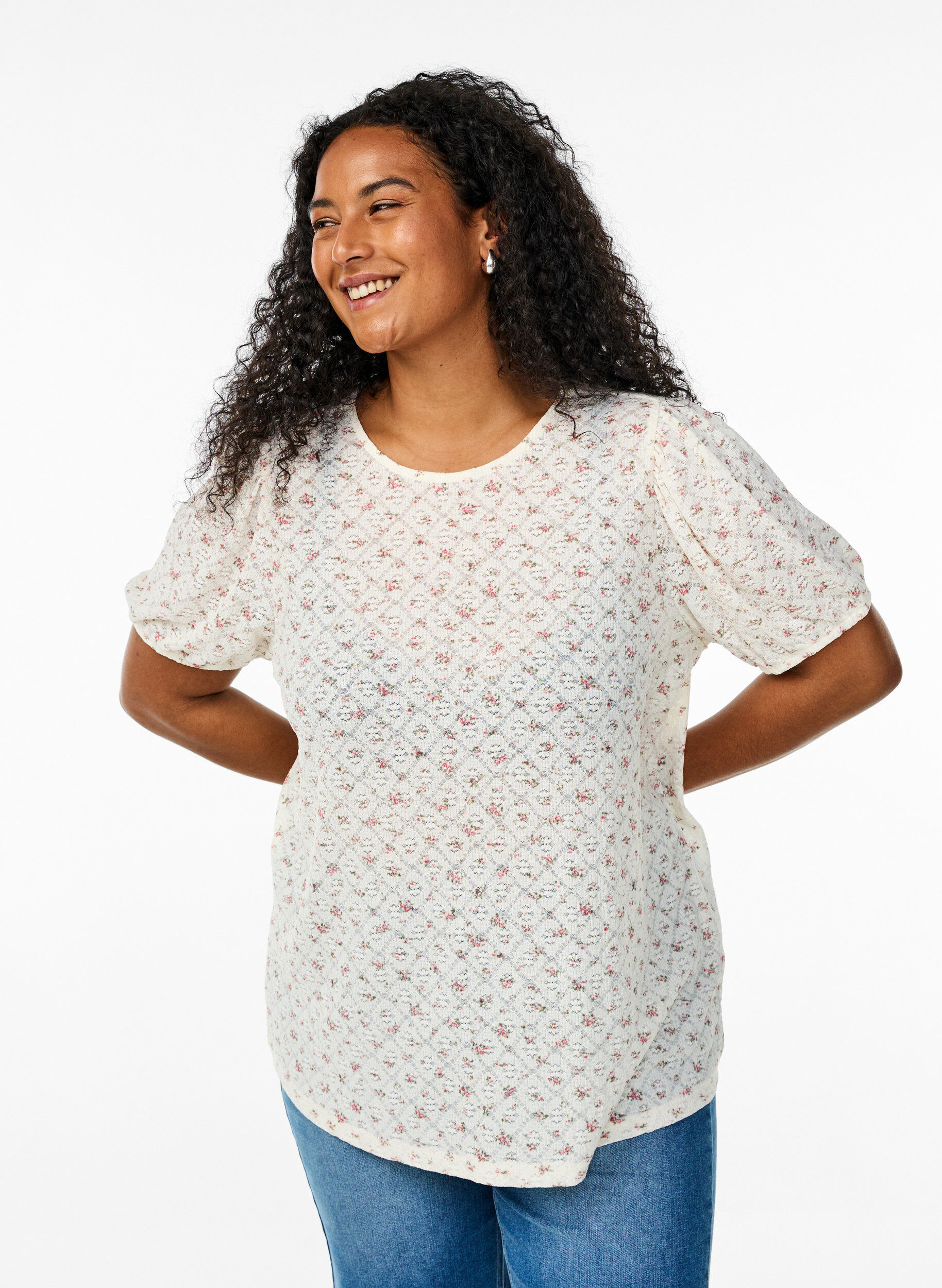 Kurzarm-Jerseybluse mit Blumenprint, Wei&szlig;, Model
