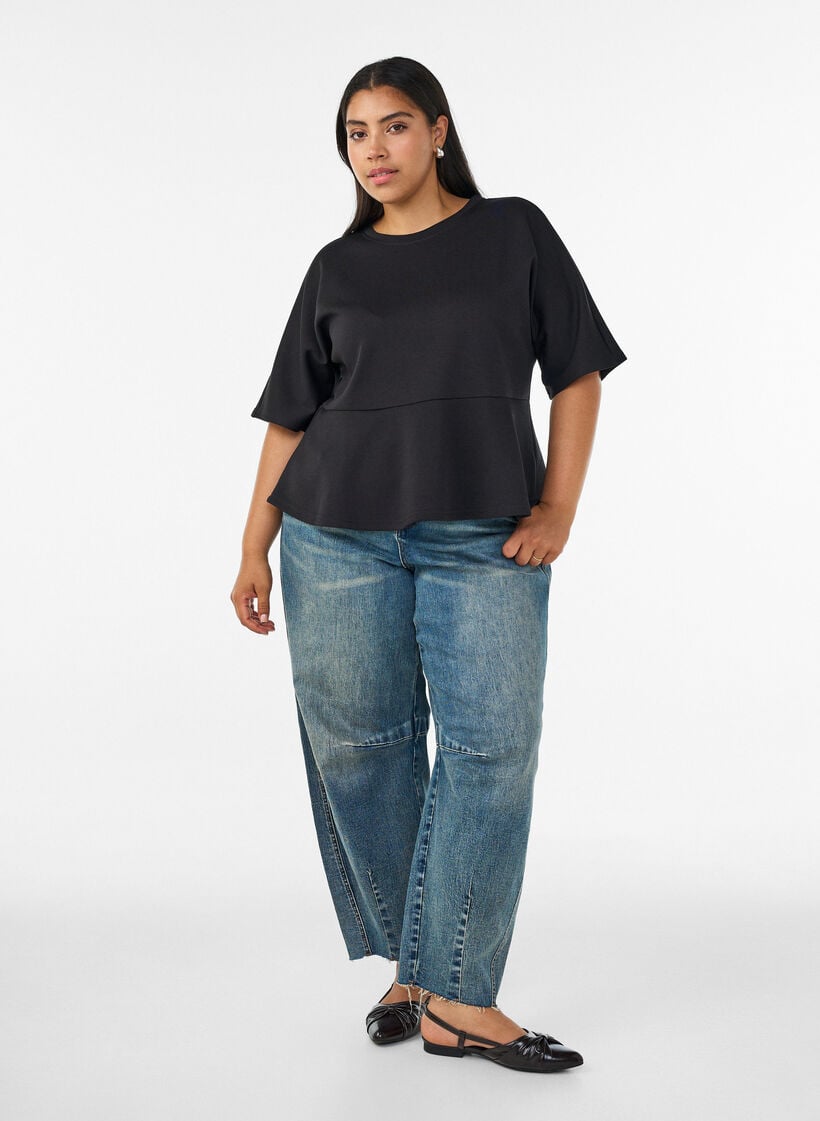 Peplum-Bluse mit ellenbogenlangen &Auml;rmeln, Schwarz, Model image number 1