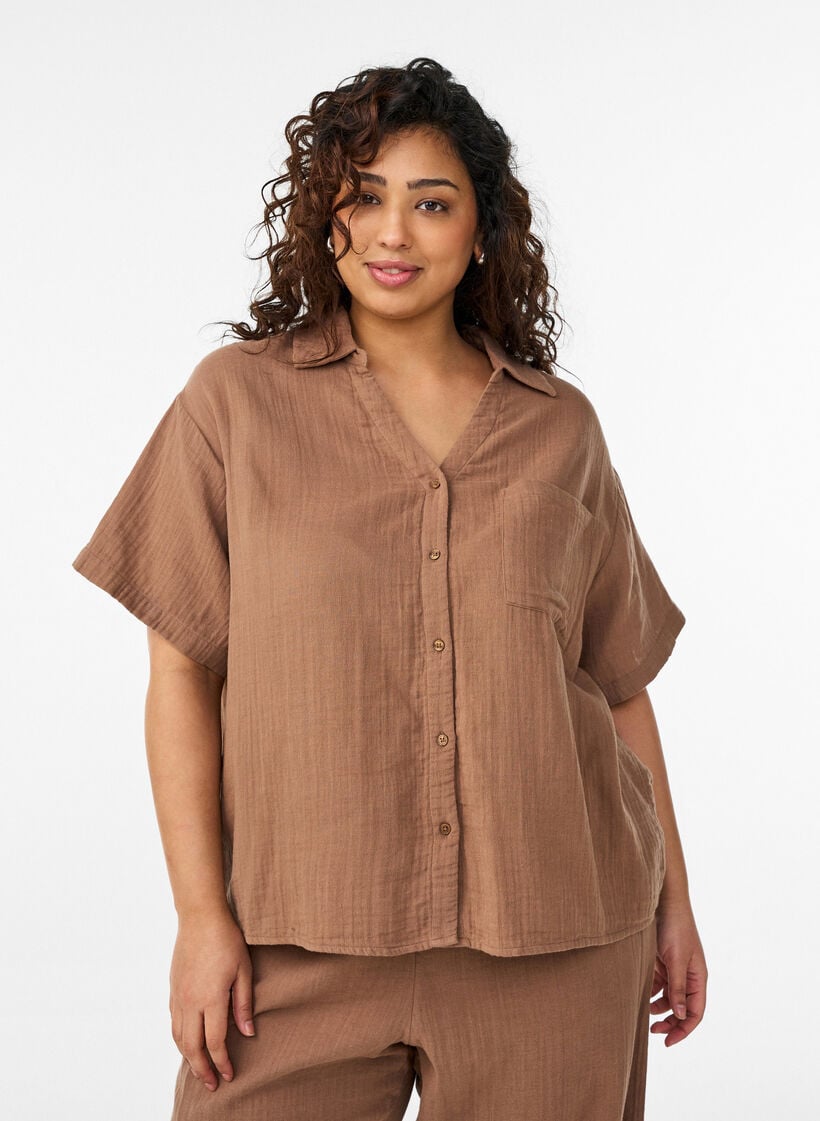 Bluse aus Baumwoll-Musselin mit kurzen &Auml;rmeln, Braun, Model image number 0