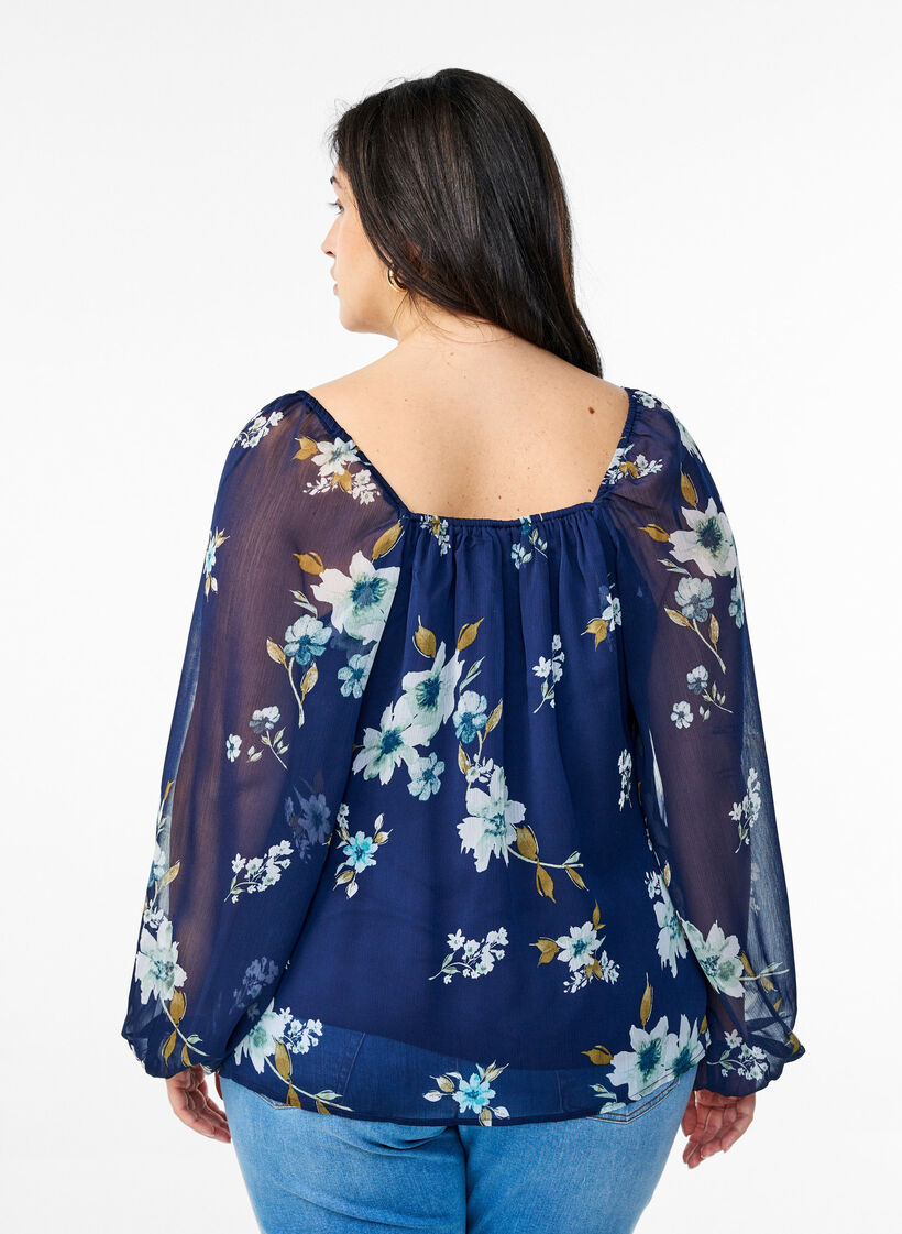 Bluse aus Chiffon mit gebl&uuml;mtem Print und langen &Auml;rmeln, Blau, Model image number 2