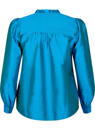 Glänzende Hemdbluse mit Rüschen, Diva Blue, Packshot image number 1