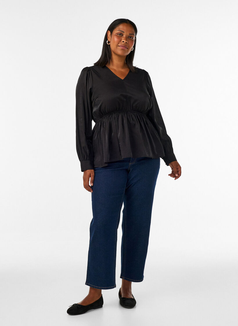 Gl&auml;nzende Bluse aus Viskose mit Peplum-Effekt, Schwarz, Model image number 1