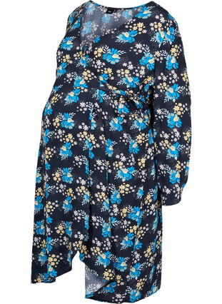 Geblümtes Umstands-Wickelkleid aus Viskose, Blue Flower AOP, Packshot image number 0