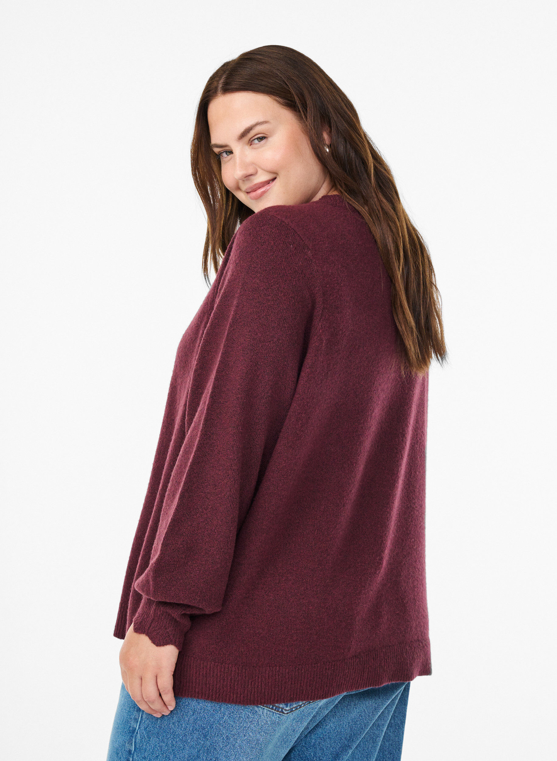 ZizziStrickbluse mit Wellenkante, Dunkles Bordeaux, Model image number 2