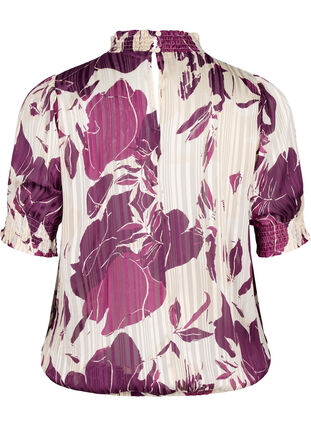 Kurzärmelige gesmokte Bluse mit Print, D.Purple Graphic AOP, Packshot image number 1