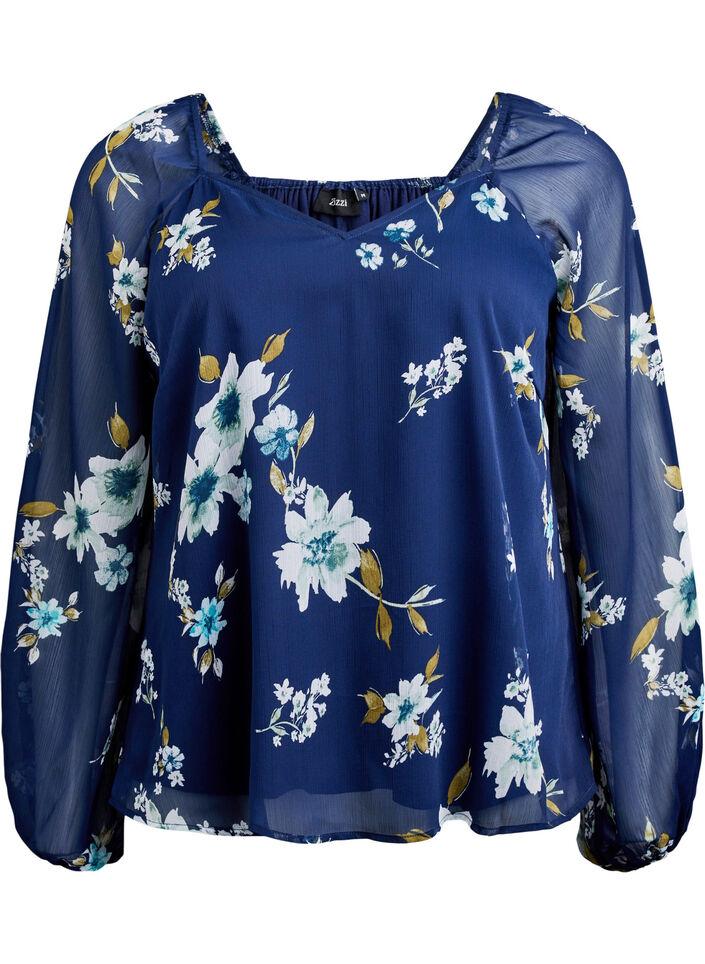 Bluse aus Chiffon mit gebl&uuml;mtem Print und langen &Auml;rmeln, Blau, Packshot image number 0