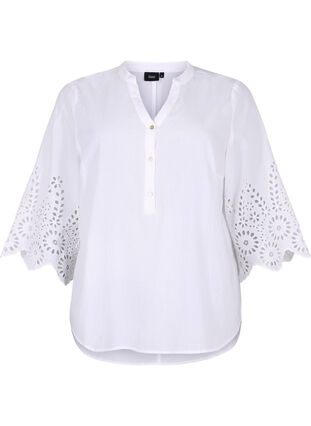 Bluse mit Spitzenbesatz und 3/4-Ärmeln, Bright White, Packshot image number 0