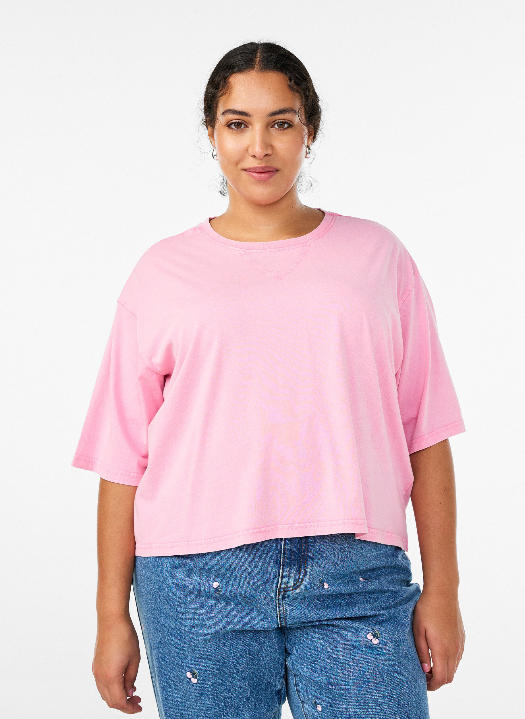 Boxy T-Shirt aus Bio-Baumwolle., Pink, Model