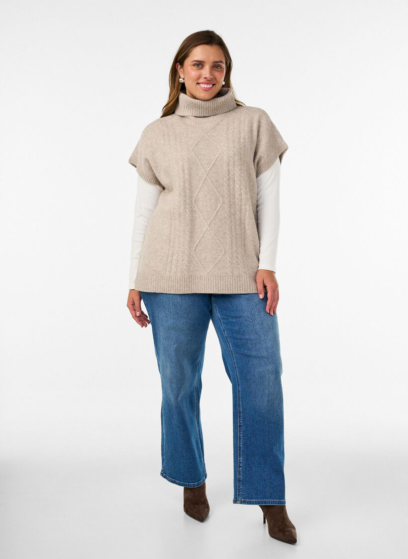 Strickweste mit Rollkragen und Zopfmuster, Beige, Model image number 1