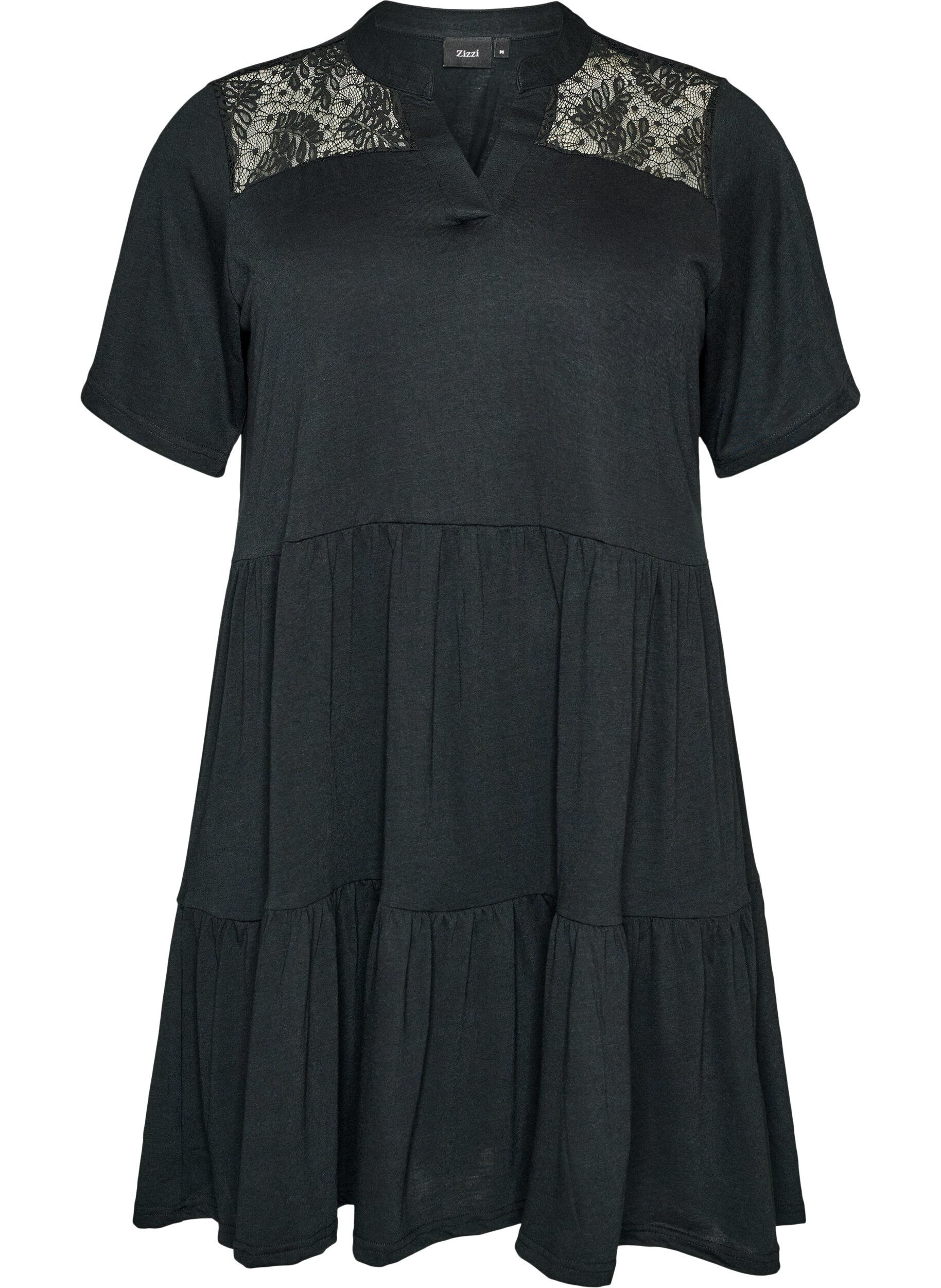 ZizziJerseykleid mit Spitzendetails und mehrlagigem Rock, Schwarz, Packshot image number 0