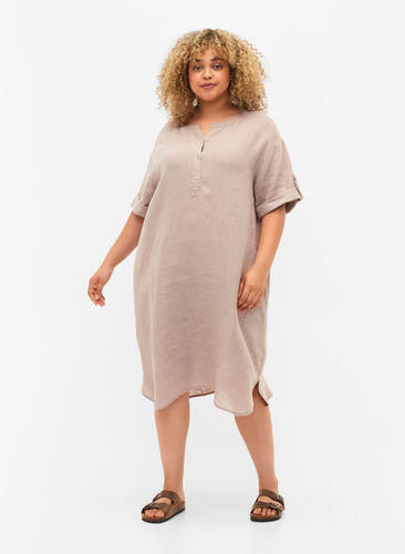 Linen Kleid mit kurzen Ärmeln, Sand, Model image number 2