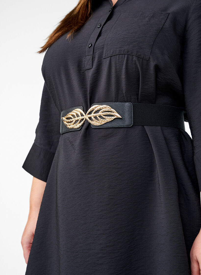 Elastischer Taillengürtel mit goldfarbener Blätter-Schnalle, Black, Image image number 0