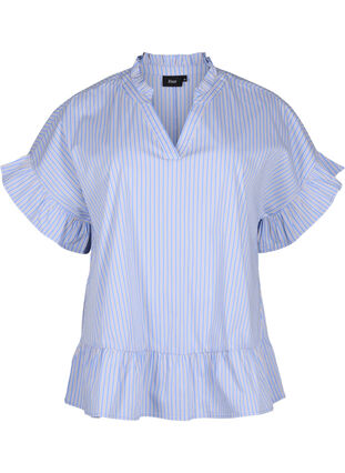 Gestreifte Bluse mit Schößchen- und Rüschendetails, Blue Stripe, Packshot image number 0