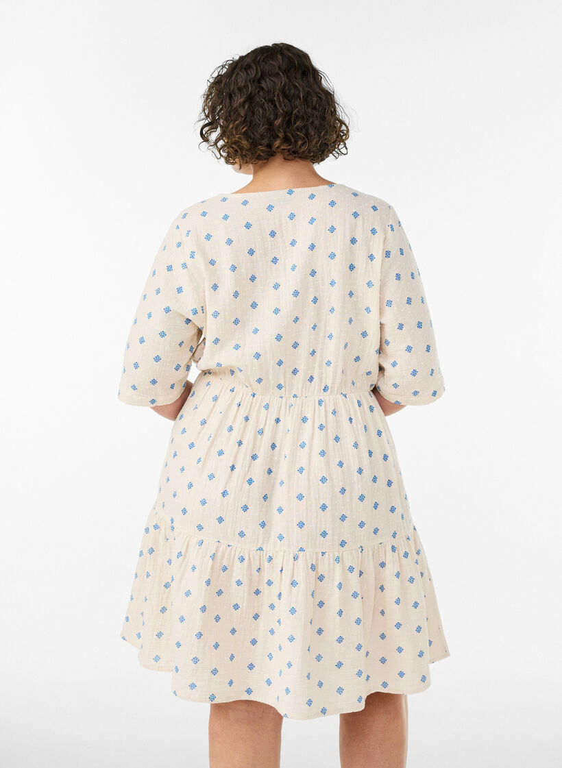Bedrucktes Kleid aus Baumwolle mit Gummizug in der Taille, Beige, Model image number 2