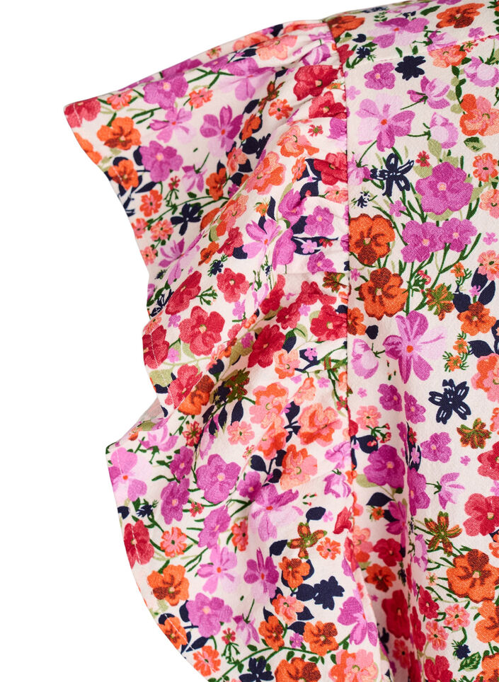 Gebl&uuml;mtes Kleid aus Baumwolle mit R&uuml;schen und V-Ausschnitt, Pink, Packshot image number 3