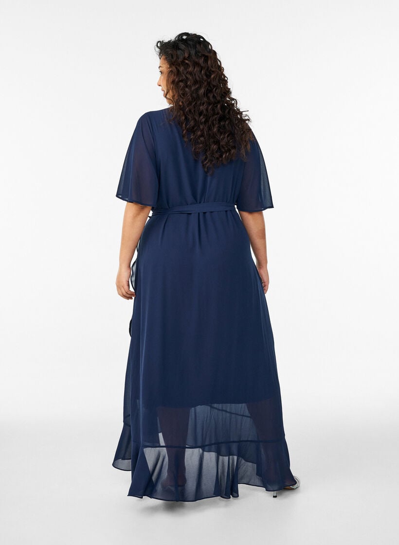 Maxikleid aus Chiffon mit V-Ausschnitt und R&uuml;schensaum, Blau, Model image number 1
