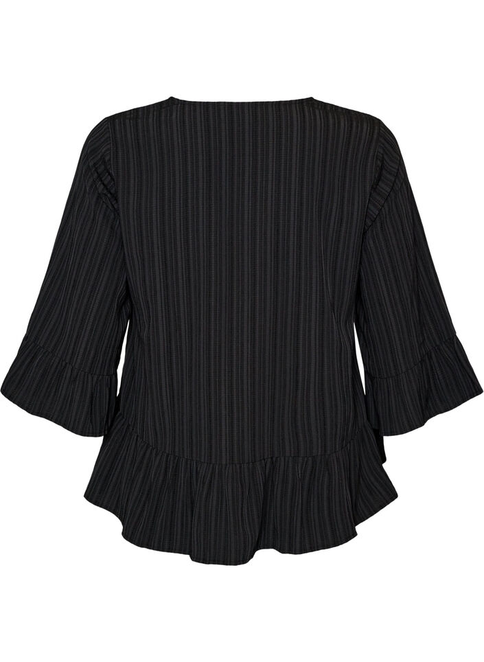 Bluse mit Struktur, V-Ausschnitt und R&uuml;schen, Schwarz, Packshot image number 1