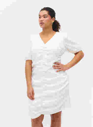 Kurzarm Kleid mit Drapierung und Struktur, Bright White, Model image number 0