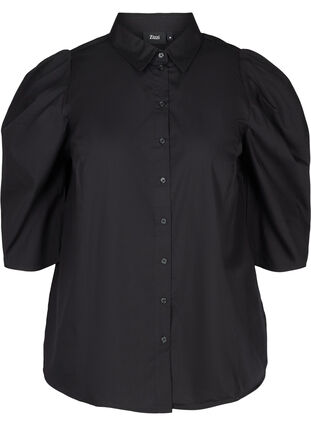 Hemdbluse aus Baumwolle mit 3/4-Puffärmeln, Black, Packshot image number 0