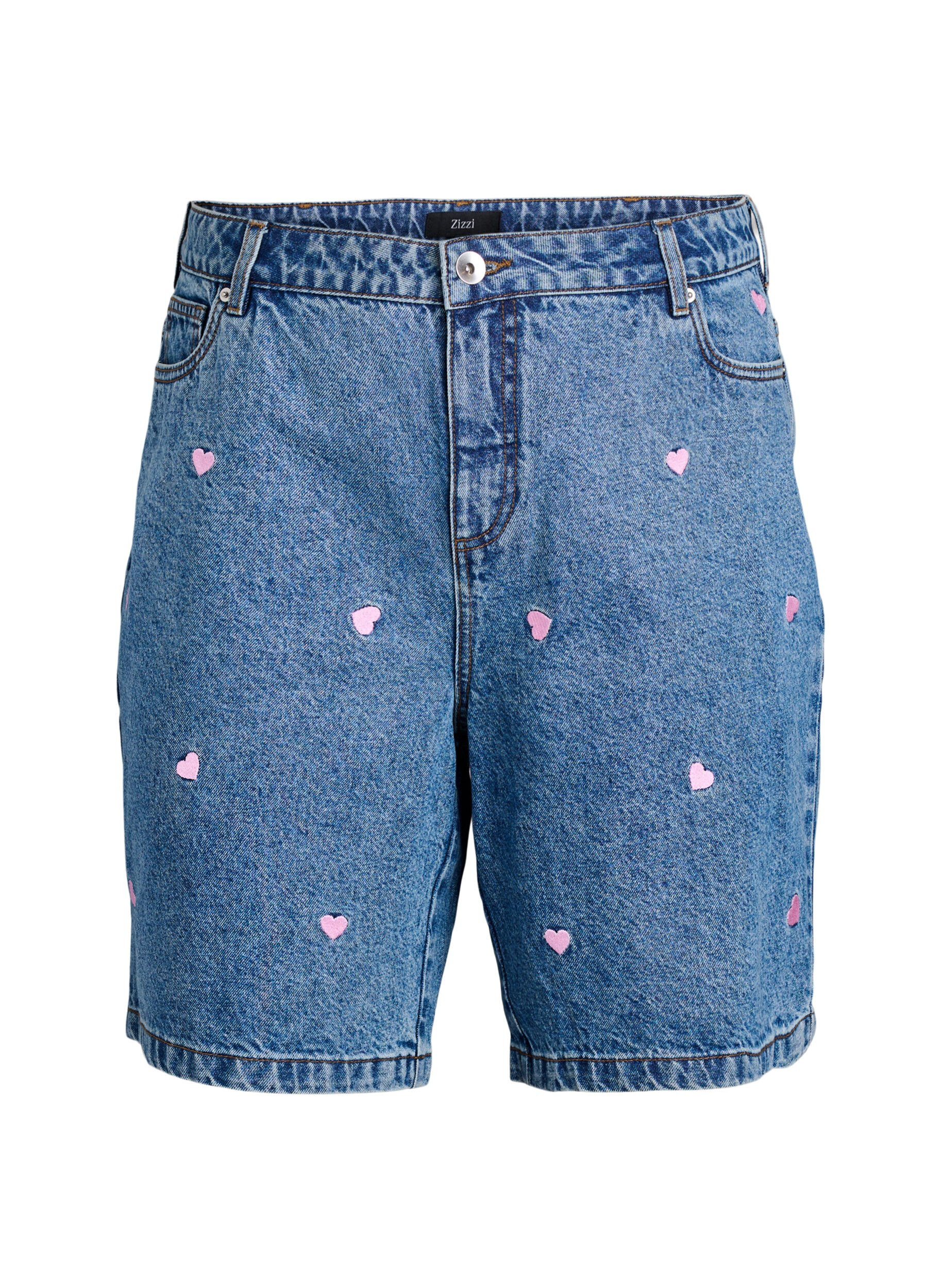 Denim-Shorts mit hoher Taille und mit Herzen bestickt